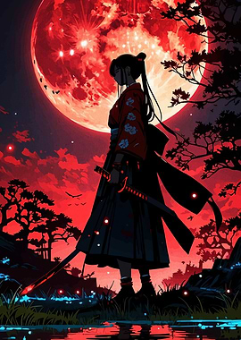 Samurai Girl Under Red Moon