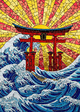 Mosaic Torii Gate and Ocean Waves