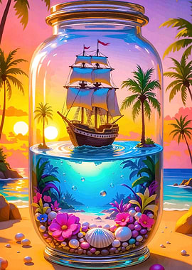 Ship Bottle Tropical Scene