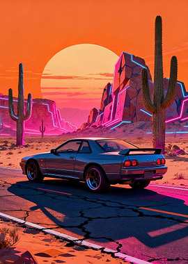 Retro Car in Desert Landscape