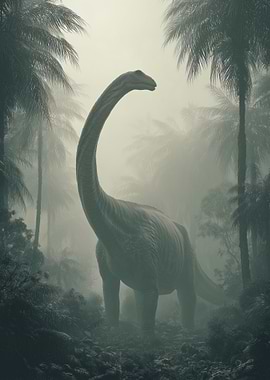 Dinosaur in Misty Jungle