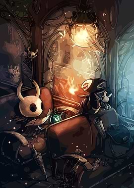 Hollow Knight characters relaxing by fireplace