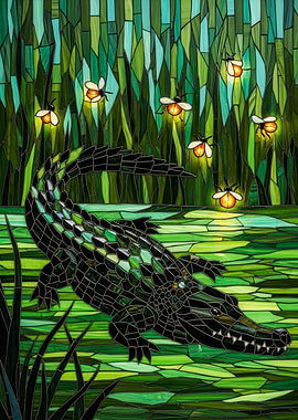 Alligator and Fireflies Stained Glass