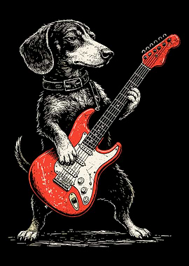 Dachshund Dog Guitar poster, Funny Rock and Roll Weenie Dog