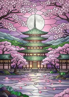 Japanese Cherry Pagoda Stained Glass