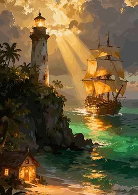 Lighthouse and Ship at Sunset