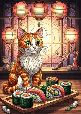 Cat with Sushi and Lanterns