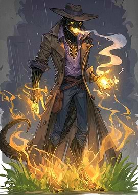 Fiery Trenchcoat Figure in the Rain