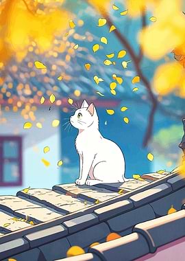 Cat Roof Autumn Leaves