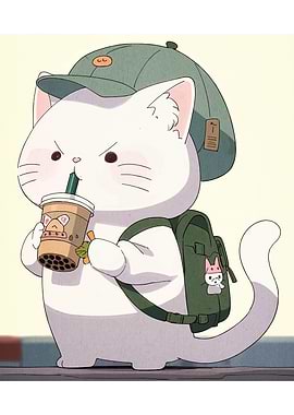 Cat with Bubble Tea and Backpack