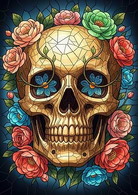 Floral Skull Stained Glass Art