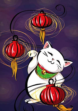 Maneki Neko with Lanterns Illustration