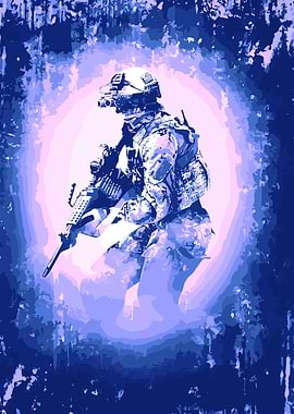 Soldier with rifle in blue tones