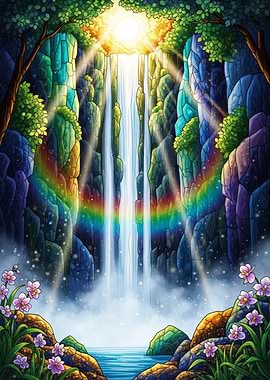 Rainbow Waterfall Fantasy Landscape