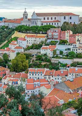 Lisbon cityscape with church and houses