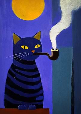 Cat Smoking Pipe Under Yellow Moon