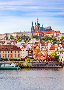 Prague cityscape with river and architecture