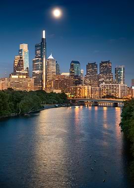 Philadelphia Skyline at Night with Moon