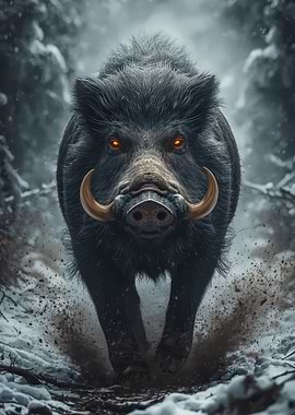 Charging Wild Boar in Winter Forest