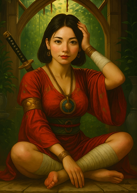 Asian Woman with Katana in Red