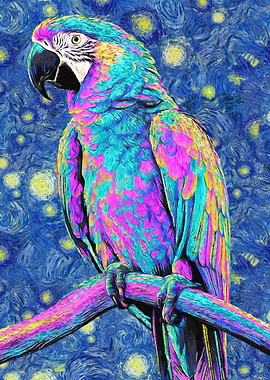 Colorful Parrot in Starry Night Style