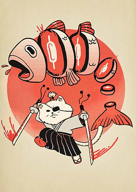 Samurai Cat with Fish and Sushi