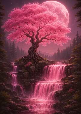 Pink Waterfall with Cherry Blossom Tree
