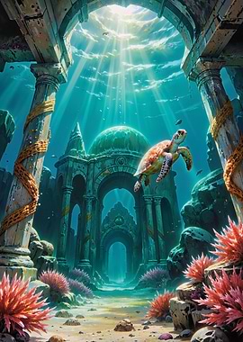 Sunlit Underwater Ruins with Sentinel Turtle