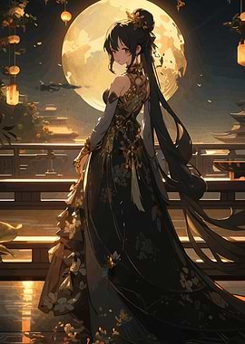 Anime Girl in Gown with Moon