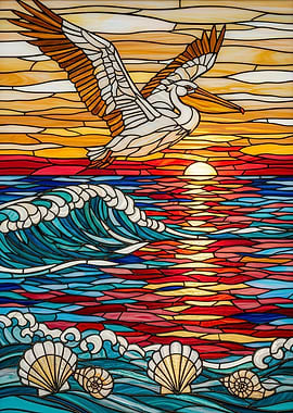 Pelican Sunset Seascape Stained Glass