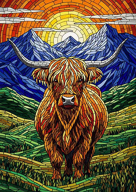 Highland Cow Mosaic Landscape