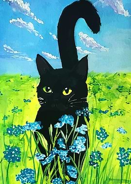 Black Cat in a Field Painting
