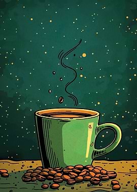 Steaming Coffee Cup with Beans