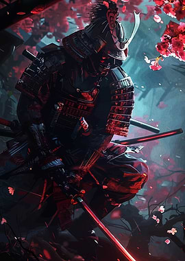 Samurai Warrior in Cherry Blossom Setting