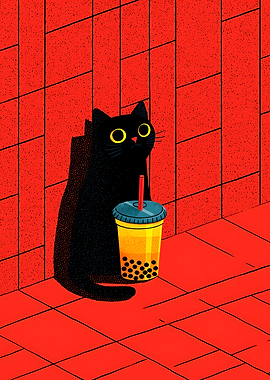 Black Cat with Bubble Tea