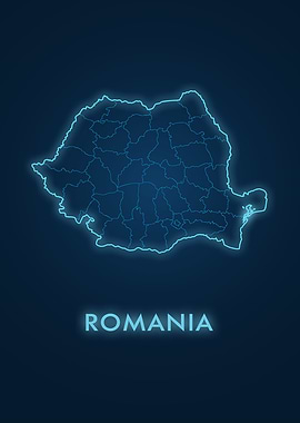 Romania Map Neon Blue