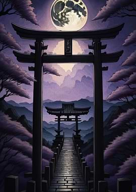 Japanese Torii Gate Under Full Moon
