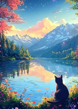 Cat gazing mountain lake scenery