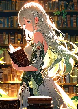Anime Girl Reading in Library