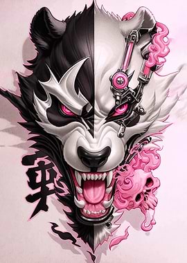 Cyberpunk Panda Wolf Hybrid Illustration
