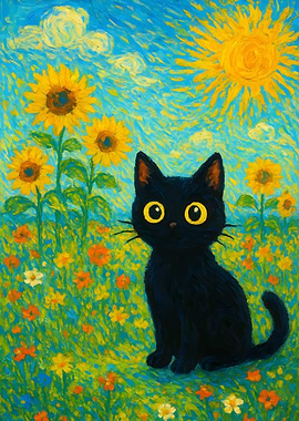 Black Cat in Sunflower Field Painting