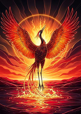 Fiery Phoenix Rising from Water
