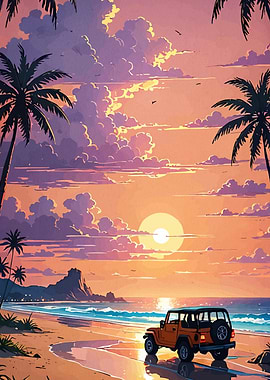Beach Sunset Orange Jeep