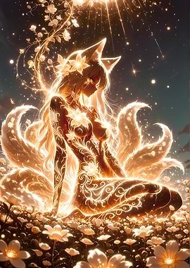 Glowing Kitsune Girl in Flower Field