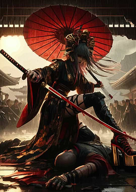 Samurai Woman with Katana in Rain
