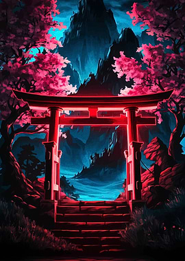 Japanese Torii Gate with Cherry Blossoms
