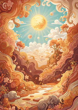 Whimsical Landscape with Sun and River