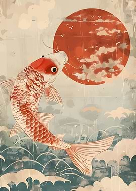 Koi Fish and Rising Sun Art