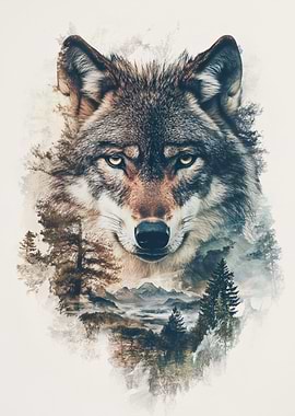 Wolf and Mountain Landscape Double Exposure