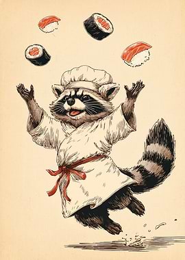 Raccoon Chef Juggling Sushi